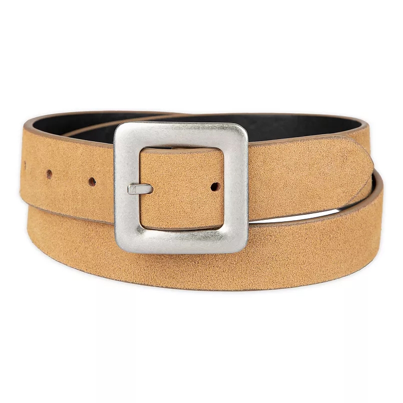 Levi's Women's Genuine Leather Belt features a tan suede texture with a square silver buckle. It's designed for versatility and style, suitable for casual or formal wear.