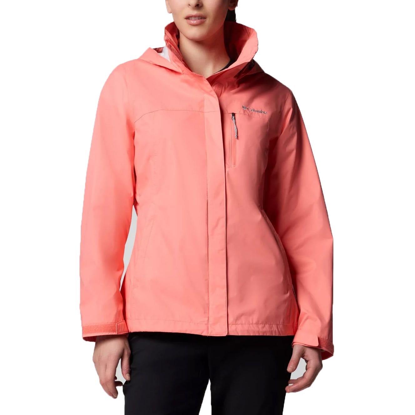 A pink waterproof jacket with a hood, featuring a front zipper and a chest pocket.