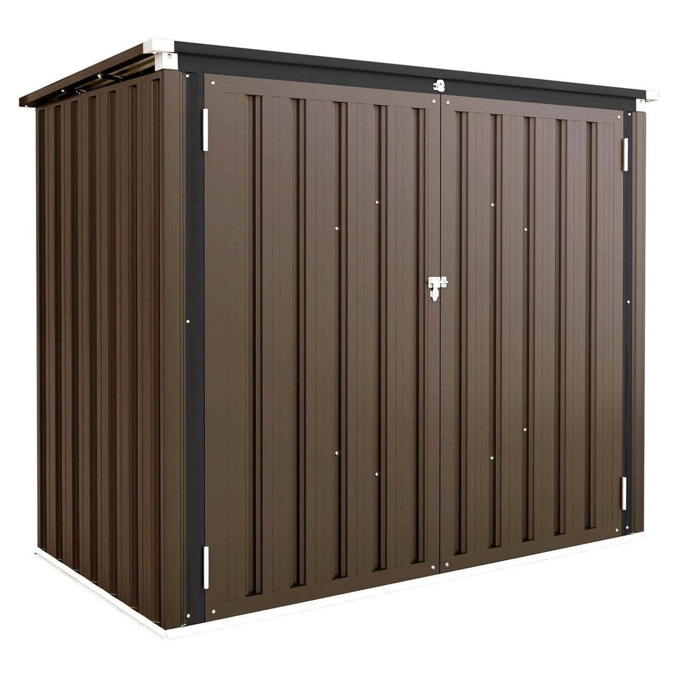 A brown, rectangular outdoor storage shed with vertical ribbed steel panels and double doors secured by a latch.