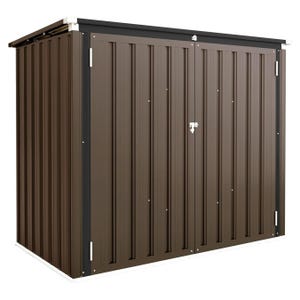 A brown, rectangular outdoor storage shed with vertical ribbed steel panels and double doors secured by a latch.