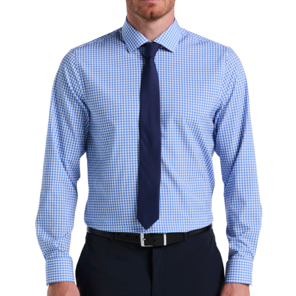 A man is wearing a blue checkered dress shirt paired with a navy tie and black belt, suitable for formal or office settings.