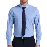 A man is wearing a blue checkered dress shirt paired with a navy tie and black belt, suitable for formal or office settings.