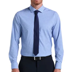 A man is wearing a blue checkered dress shirt paired with a navy tie and black belt, suitable for formal or office settings.