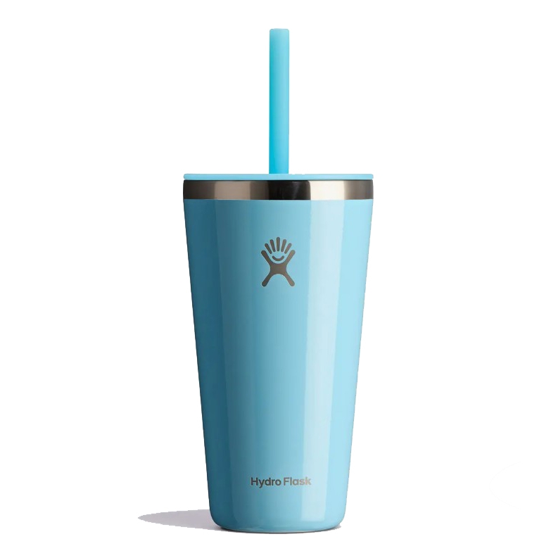 A light blue Hydro Flask tumbler with a matching straw and stainless steel rim, featuring the Hydro Flask logo.