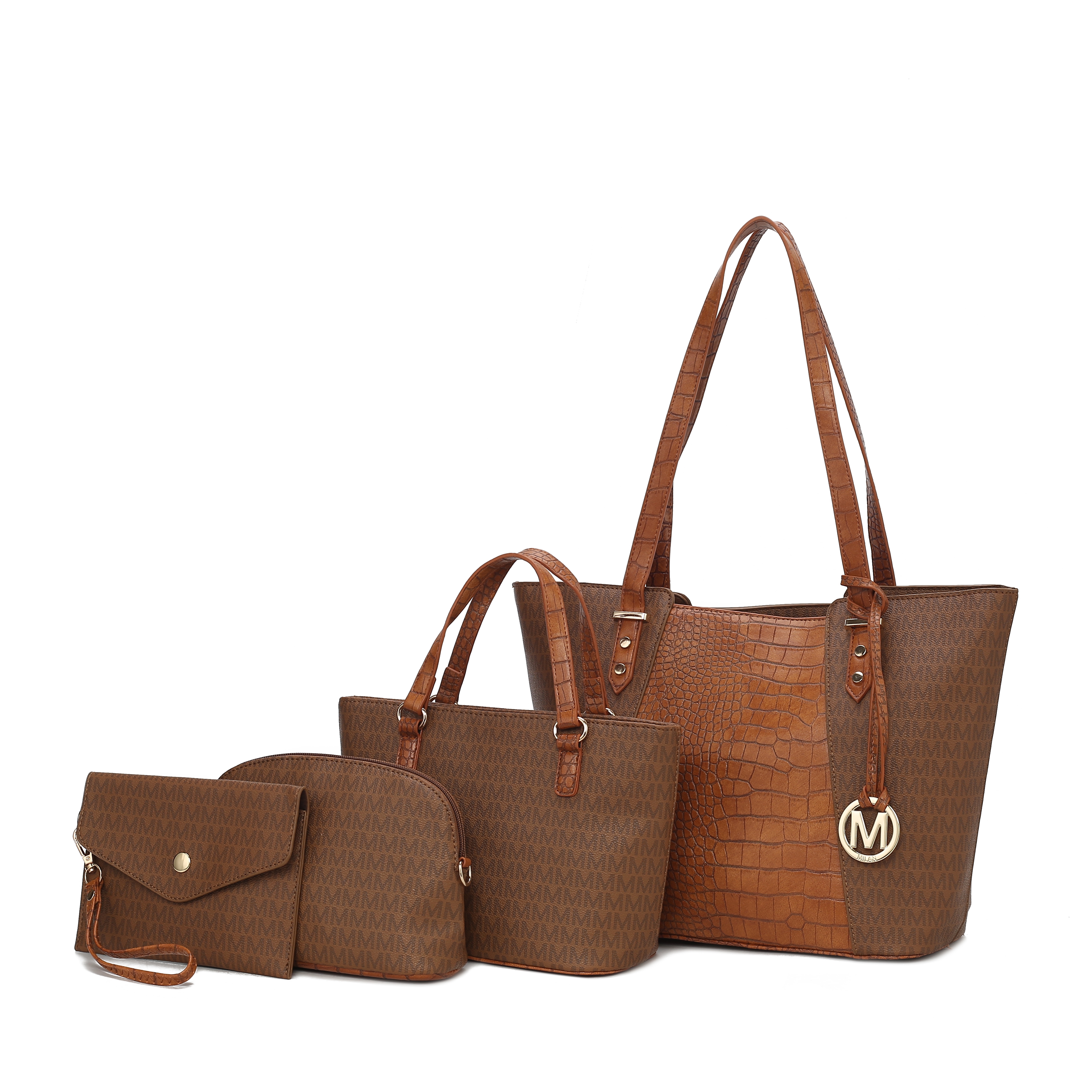 A set of brown faux leather bags including a large tote with crocodile texture, a medium handbag, a small cosmetic bag, and a clutch with a wrist strap. All bags feature a repeating \“M\“ pattern and gold-tone hardware.