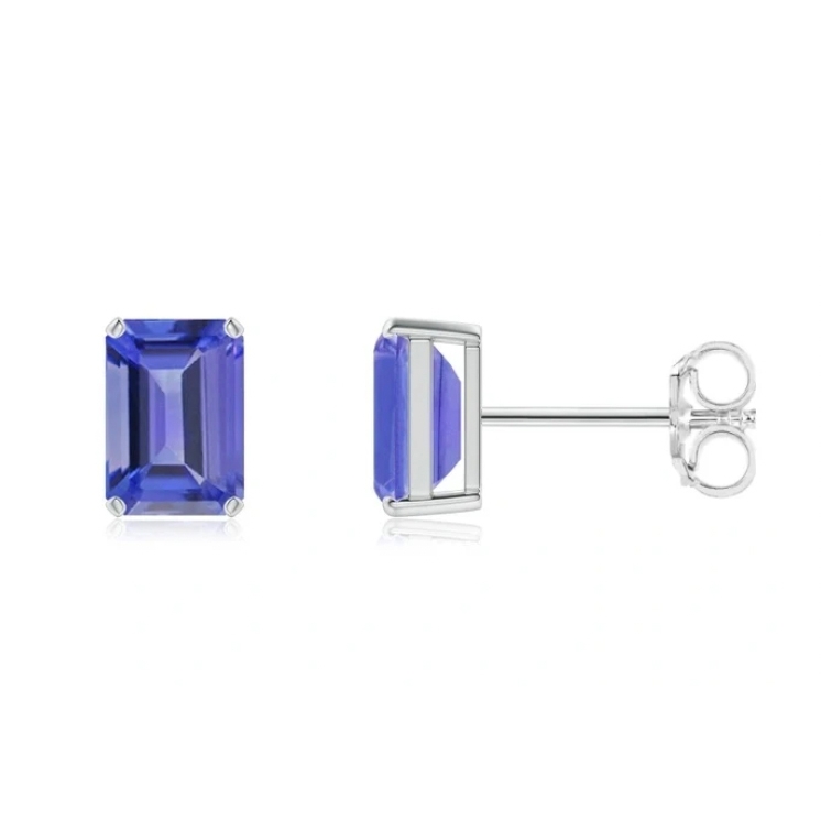 A pair of rectangular blue gemstone stud earrings with silver metal settings.