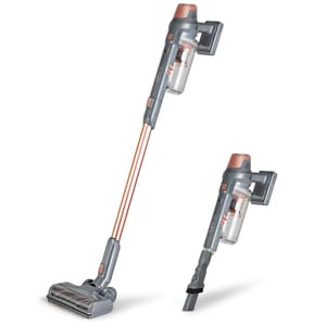 Cordless stick vacuum cleaner with detachable handheld unit, featuring a sleek design with a gray and copper color scheme.
