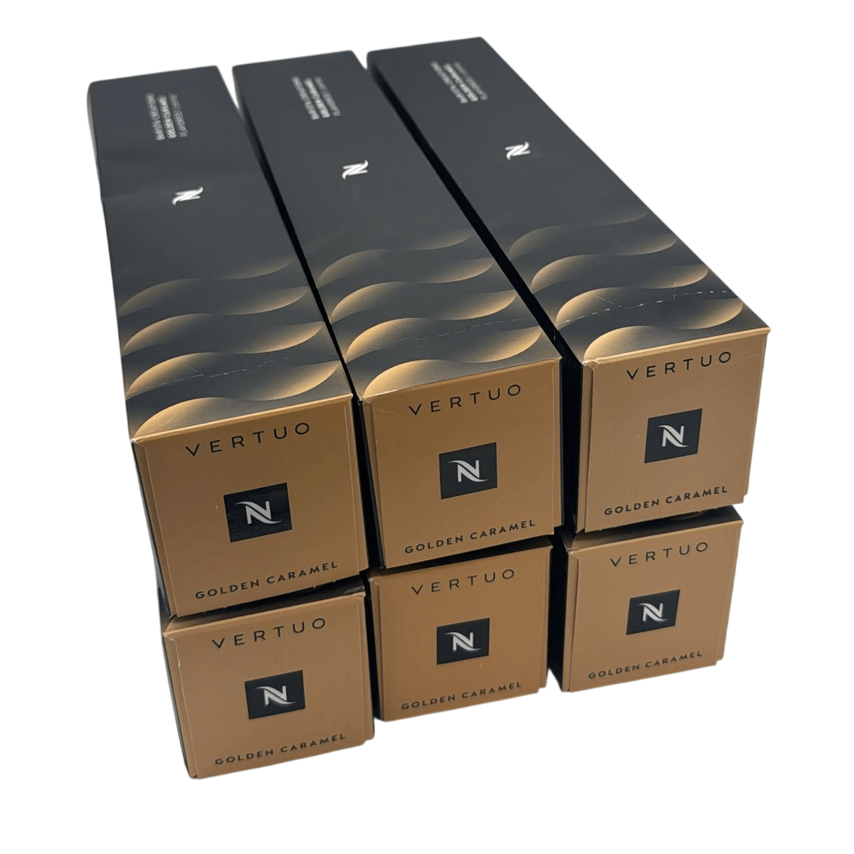 Nespresso Vertuo Golden Caramel coffee pods are shown in sleek black and gold packaging.