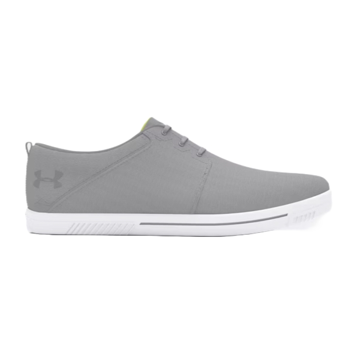 Gray Under Armour casual sneaker with a low-profile design, lace-up closure, and white sole.