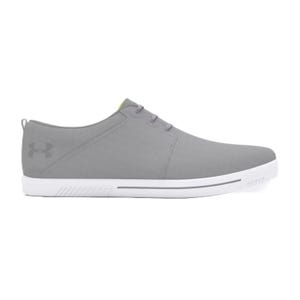Gray Under Armour casual sneaker with a low-profile design, lace-up closure, and white sole.