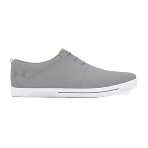 Gray Under Armour casual sneaker with a low-profile design, lace-up closure, and white sole.