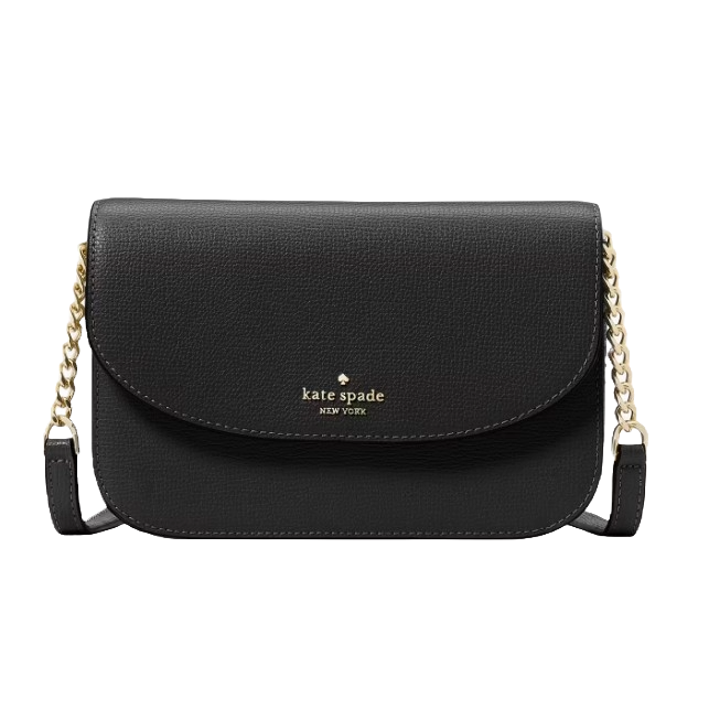 A black Kate Spade New York crossbody bag featuring a flap closure and gold chain strap accents.