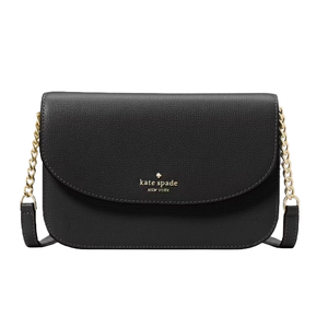 A black Kate Spade New York crossbody bag featuring a flap closure and gold chain strap accents.