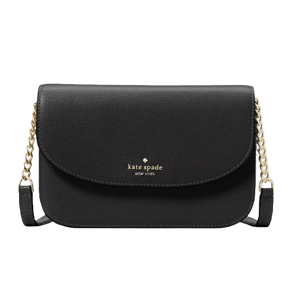 A black Kate Spade New York crossbody bag featuring a flap closure and gold chain strap accents.