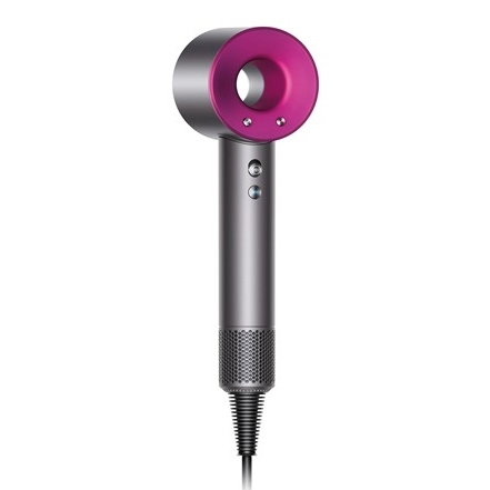 A refurbished Dyson Supersonic Hair Dryer with a sleek design featuring a grey body and a fuchsia ring on the head, known for its powerful airflow and advanced technology to protect hair from extreme heat damage.