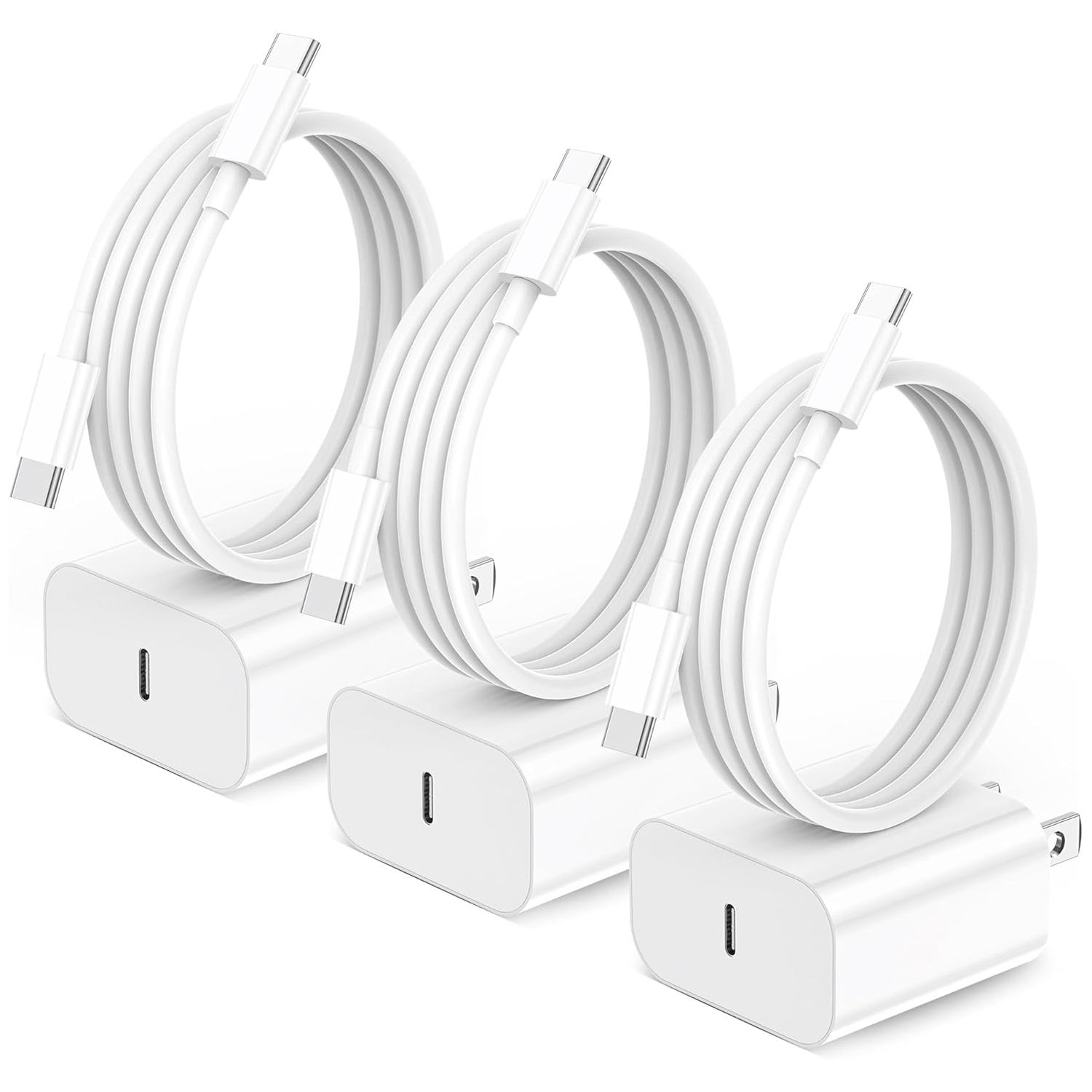 Three USB-C chargers with corresponding cables, each featuring a USB-C port and a white finish.
