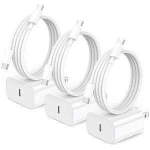 Three USB-C chargers with corresponding cables, each featuring a USB-C port and a white finish.