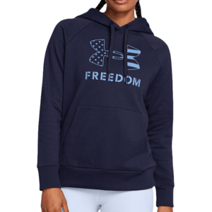 The Under Armour Rival Freedom Hoodie is a navy blue pullover featuring a large front logo with stars and stripes, and the word \“FREEDOM\“ beneath. It has a hood with drawstrings and a front kangaroo pocket.