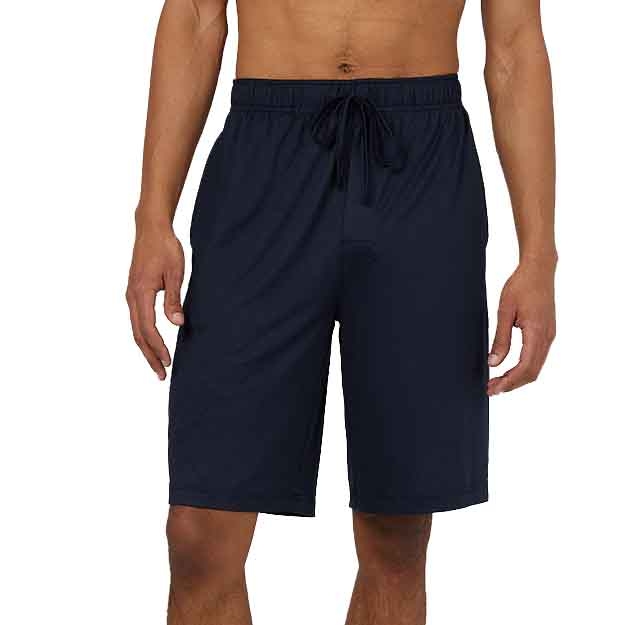 Navy blue men's sleep shorts with a drawstring waistband, knee-length fit, and loose, comfortable design suitable for lounging or sleeping.