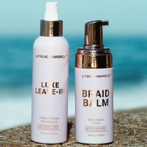 Beachwaver Co. Luxe Leave-In Conditioning Detangler (6 fl oz) and Braid Balm Pre-Braid Prep (4 fl oz) are shown, featuring Hydro-Ionic Alpha Bond Multiplier technology.