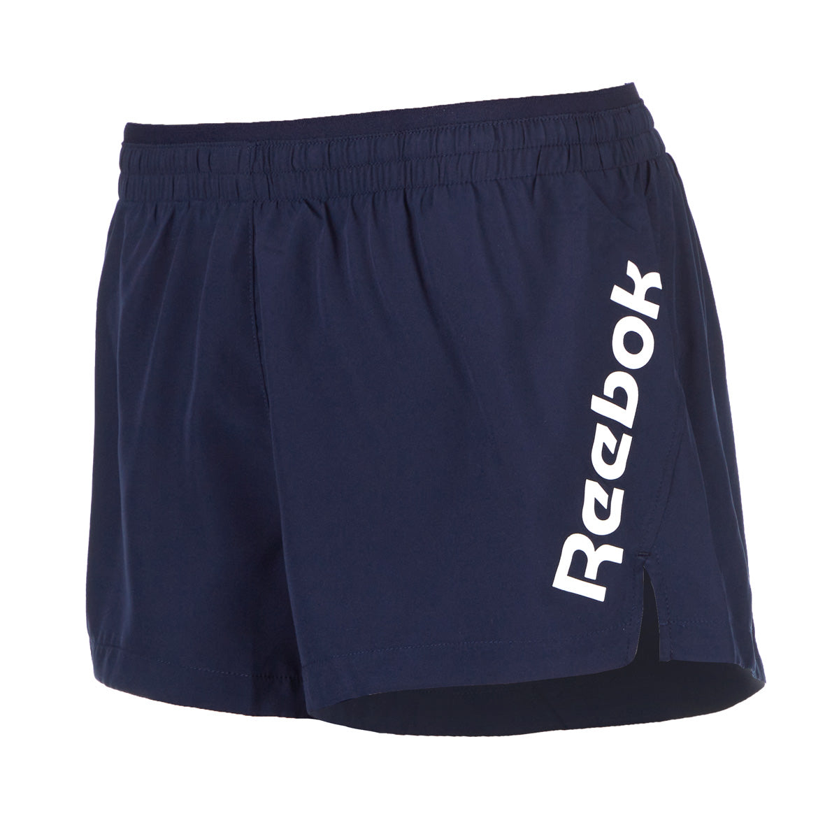 Navy blue Reebok shorts with a white Reebok logo on the left leg.