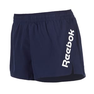 Navy blue Reebok shorts with a white Reebok logo on the left leg.