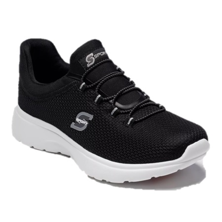A black slip-on athletic shoe with a white sole and small \“S\“ logos on the side and tongue, featuring a breathable mesh upper and elastic laces.