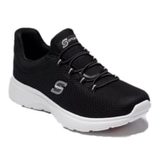 A black slip-on athletic shoe with a white sole and small \“S\“ logos on the side and tongue, featuring a breathable mesh upper and elastic laces.