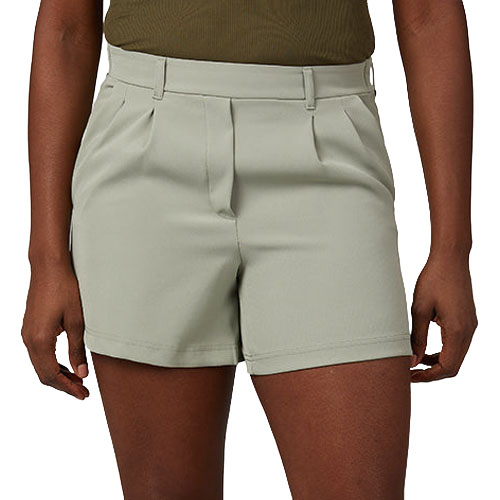A person wearing light gray, high-waisted shorts with belt loops and pleats, paired with an olive green top.