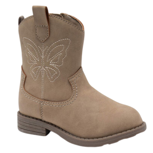 Tan children's cowboy boot with a stitched butterfly design and low heel.