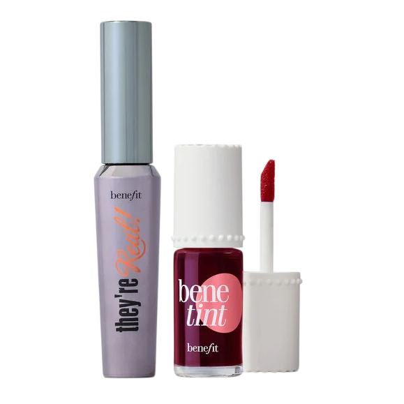 Benefit cosmetics set featuring They're Real! mascara and Benetint cheek and lip stain.