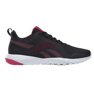 Black and magenta athletic shoe with a white sole, featuring a mesh texture and a pull tab on the heel.