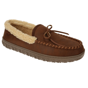 Brown moccasin-style slipper with a faux fur lining, featuring a bow on top and a textured sole for grip.