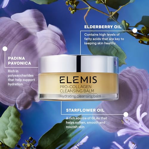 ELEMIS Pro-Collagen Cleansing Balm features Padina Pavonica for hydration, elderberry oil for fatty acids, and starflower oil for nourishment.