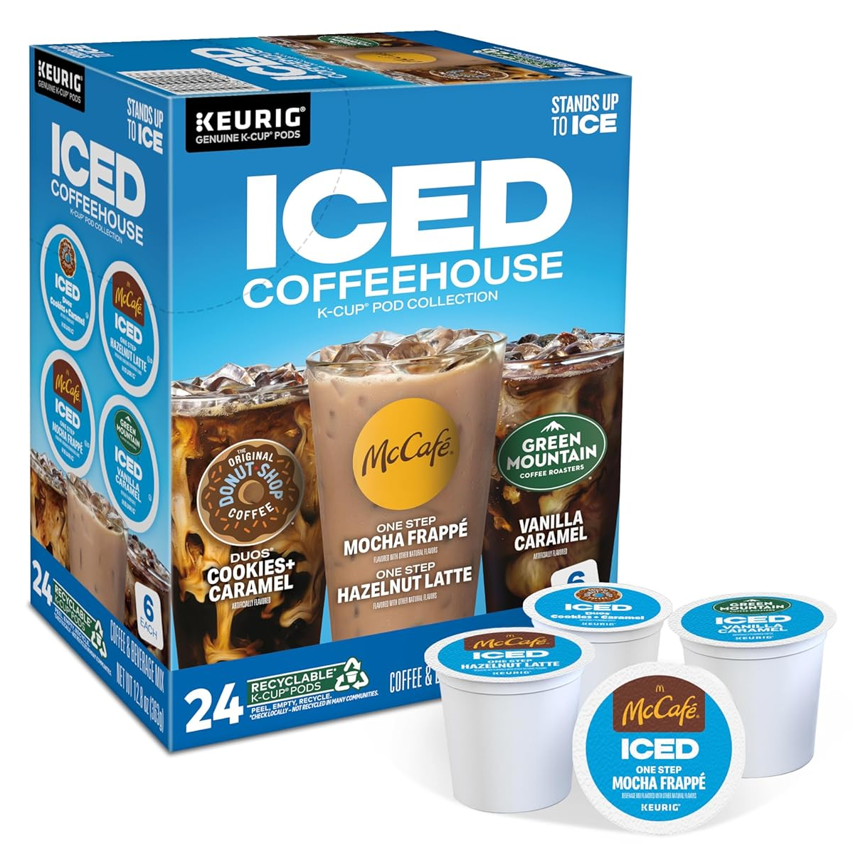 A box of Keurig Iced Coffeehouse K-Cup pod collection with flavors like Mocha Frappe, Vanilla Caramel, and Cookies & Cream, alongside four pods.
