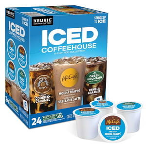 A box of Keurig Iced Coffeehouse K-Cup pod collection with flavors like Mocha Frappe, Vanilla Caramel, and Cookies & Cream, alongside four pods.