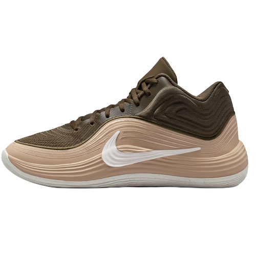A brown and beige athletic sneaker with a white swoosh logo and textured midsole design.