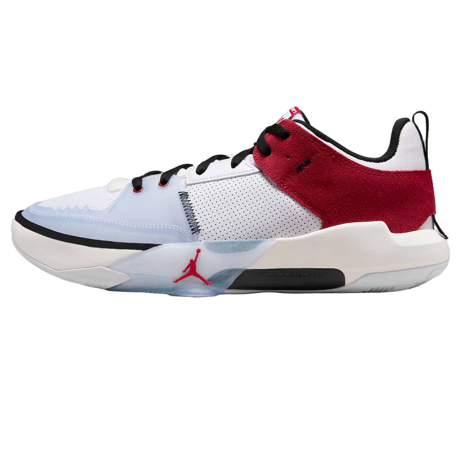 A pair of Jordan One Take 5 basketball shoes, featuring a color-blocked design with white, black, red, and light blue panels and a prominent Jumpman logo.