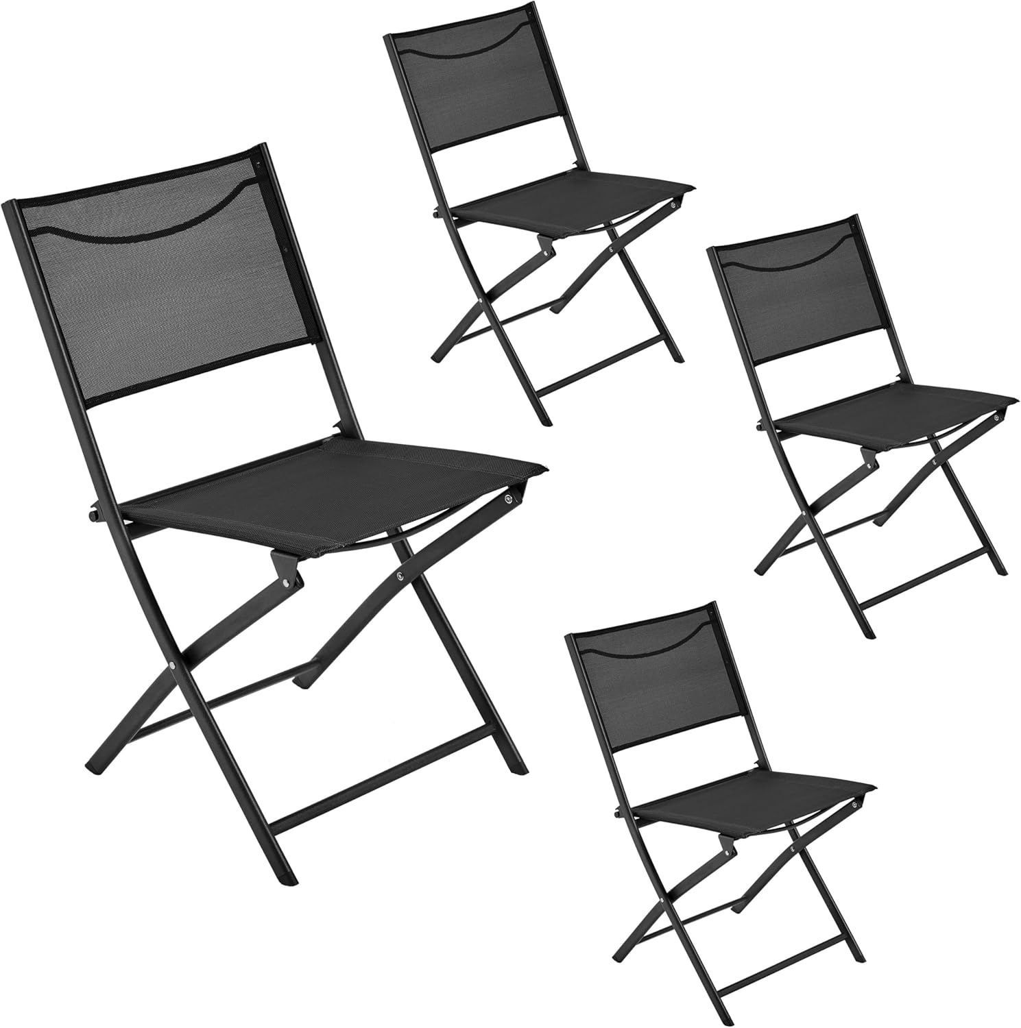 4pk Patio Dining Chairs; black, foldable, lightweight, metal frame with mesh seat and backrest; suitable for outdoor use.
