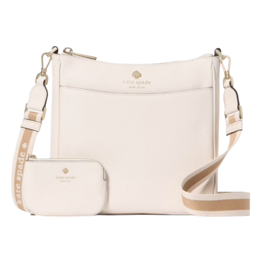 A cream-colored Kate Spade crossbody bag with a matching small pouch, featuring a striped strap with the brand's name.