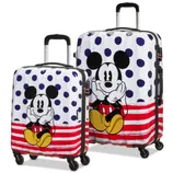 Two suitcases featuring a cartoon mouse design with polka dots and red stripes, equipped with black handles and four wheels for mobility.