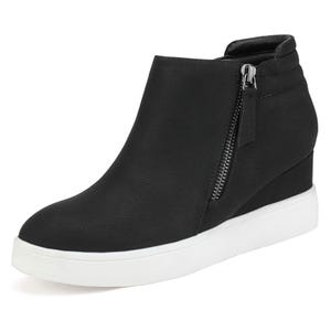 Black ankle boot with a side zipper and a white platform wedge sole.
