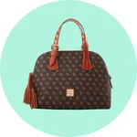 A Dooney & Bourke handbag with a brown background featuring a repeating \“DB\“ pattern, red leather straps, and a tassel accent.