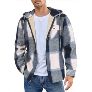 A man wearing a plaid hooded jacket with a fleece lining over a white t-shirt, paired with blue jeans.