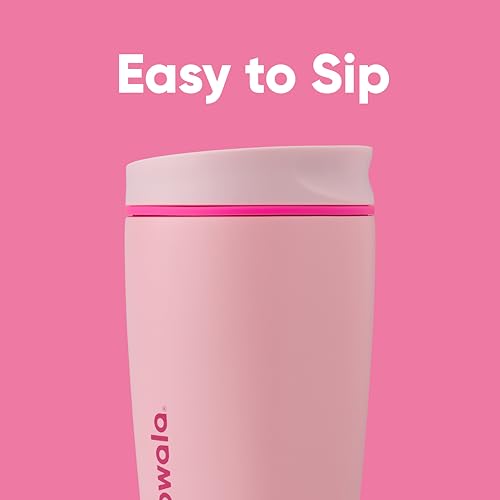 A pink travel mug with a lid is shown on a matching pink background with the text \“Easy to Sip.\“