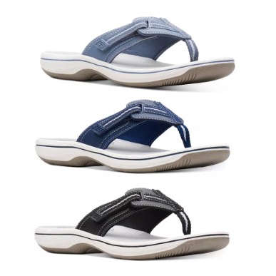 Three pairs of flip-flop sandals in different shades of blue and black, with textile straps and cushioned soles.