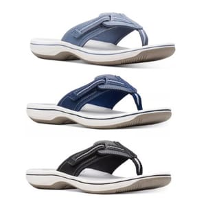 Three pairs of flip-flop sandals in different shades of blue and black, with textile straps and cushioned soles.