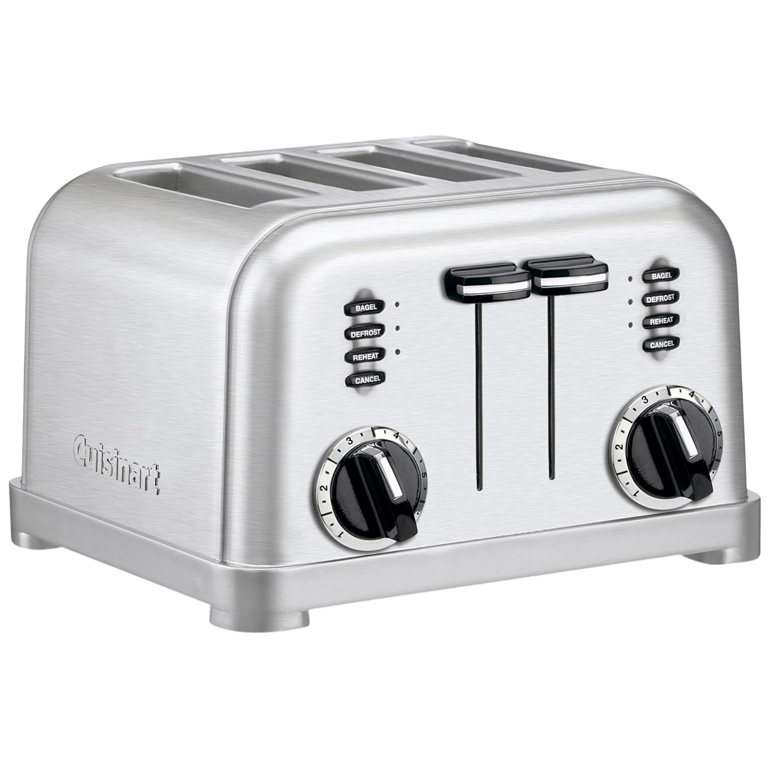 A stainless steel toaster with four slots and dual controls, featuring options for bagel, defrost, reheat, and cancel.