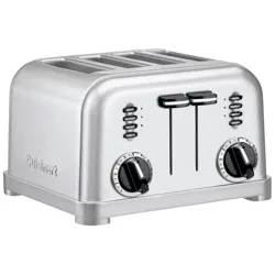 A stainless steel toaster with four slots and dual controls, featuring options for bagel, defrost, reheat, and cancel.
