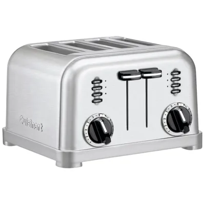 A stainless steel toaster with four slots and dual controls, featuring options for bagel, defrost, reheat, and cancel.